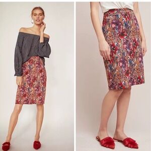Anthropologie‎ Maeve Floral Pencil Skirt Brown Blue Red Boho Midi Size M